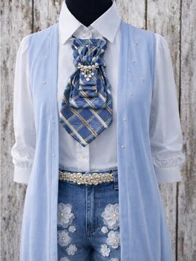 OOAK Necktie Necklace with Rhinestone/Pearl Brooch and Pearl Necklace -blues